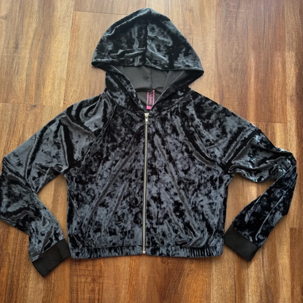 La Senza Black Crushed Velvet Velour Full Zip Cropped Y2K Track Sweater M - Picture 3 of 11